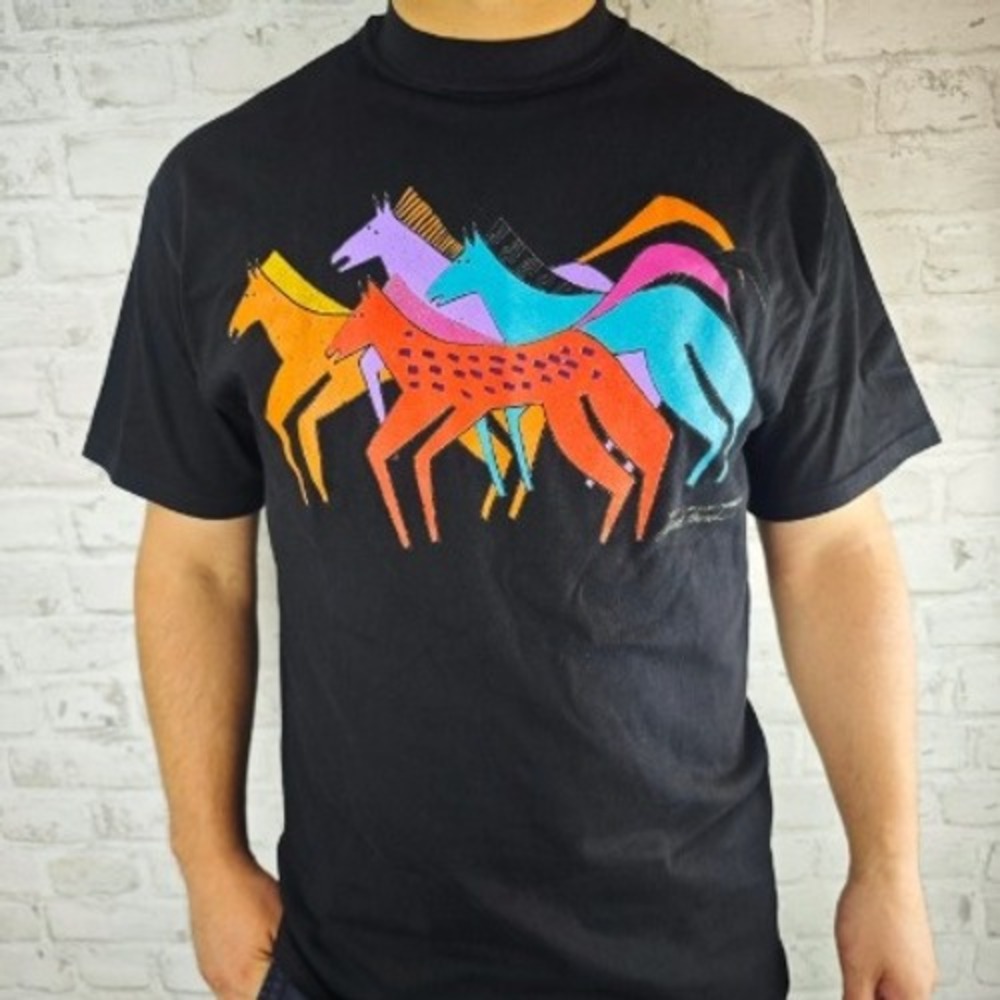 Laurel Burch Unisex Vintage Black Elk‎ Canyon Mares Horse T Shirt Colorful